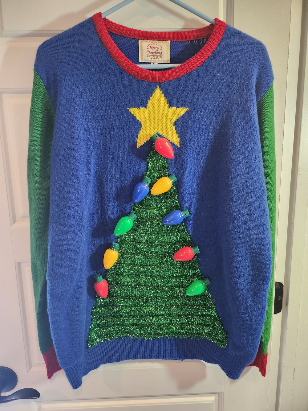 Merry Christmas Women's Blue Green Crewneck Sweater with Light Bulb Accent Tree